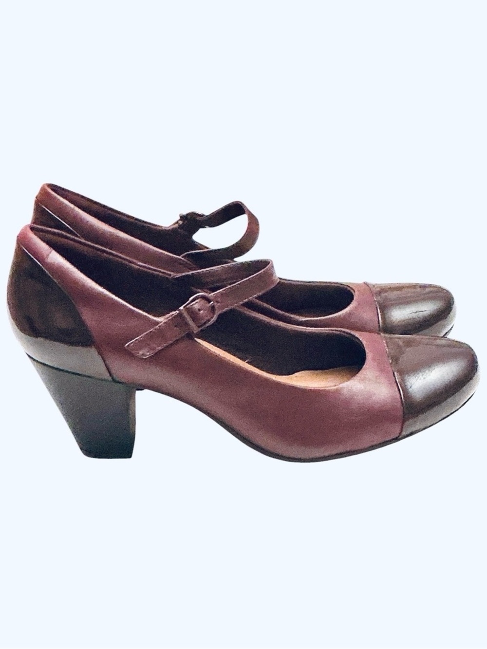 Clarks Burgundy Leather Mary Jane Pump Patent Accents Women’s Size 10 W - Picture 5 of 15
